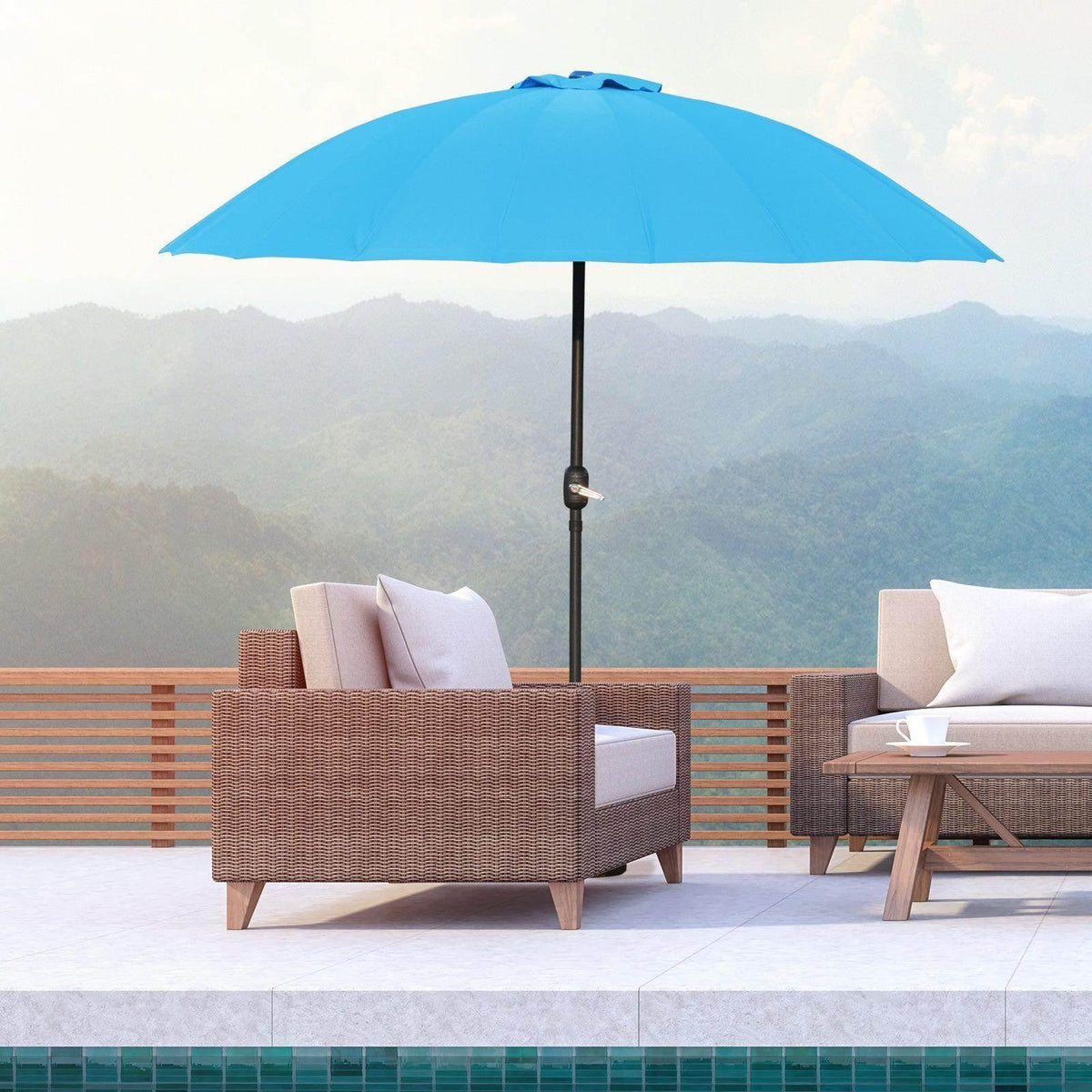 Blue patio umbrella with round canopy and tall black pole, 255 cm