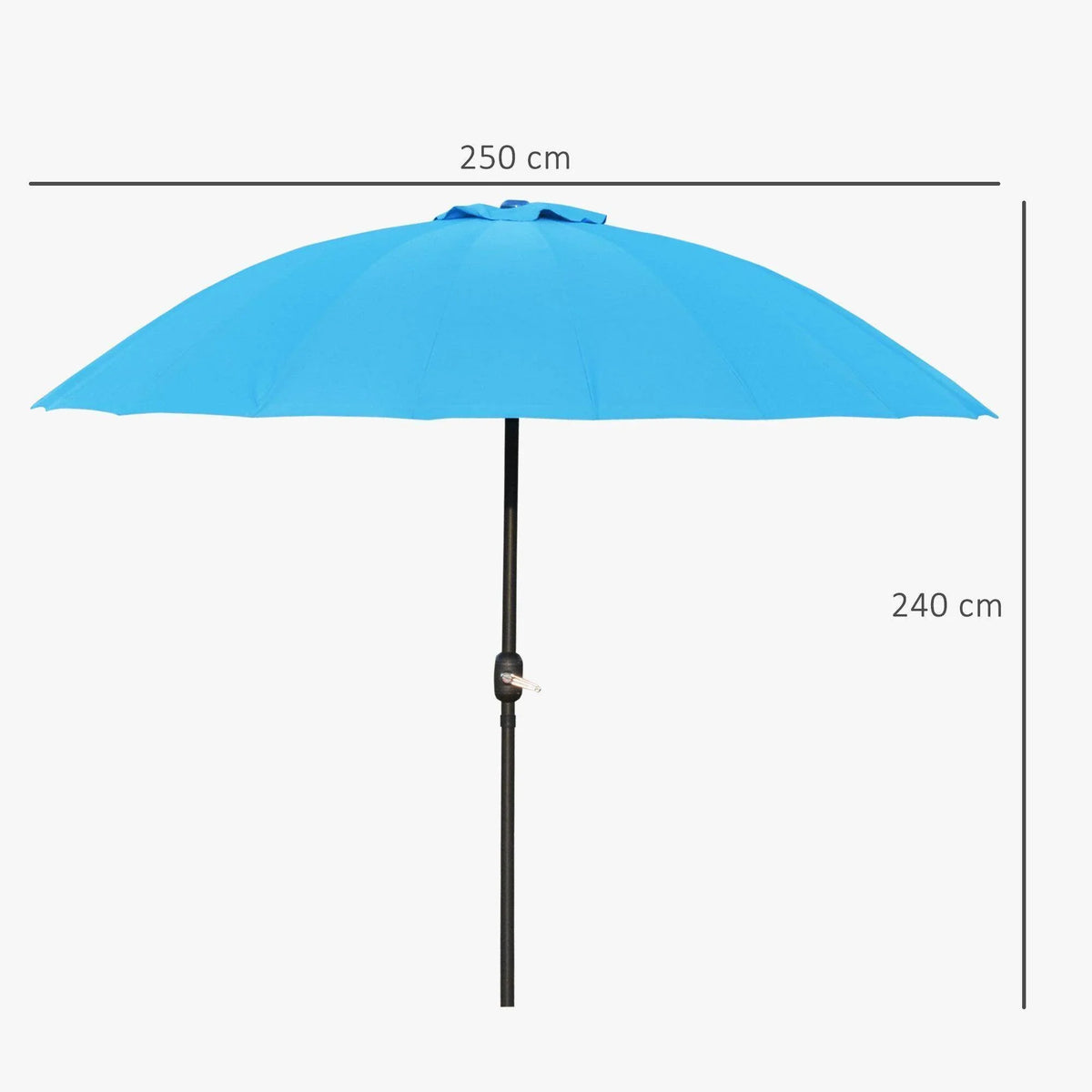 Blue patio umbrella canopy, 250 cm wide; height 240 cm on black pole