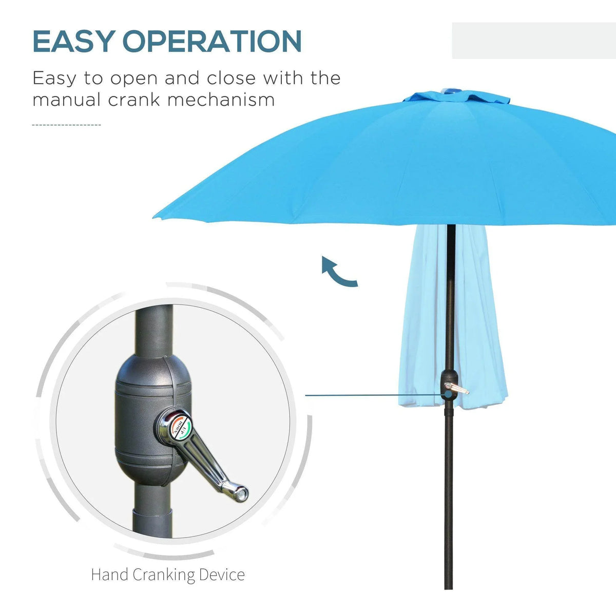 Blue patio umbrella with manual hand-crank mechanism on black pole
