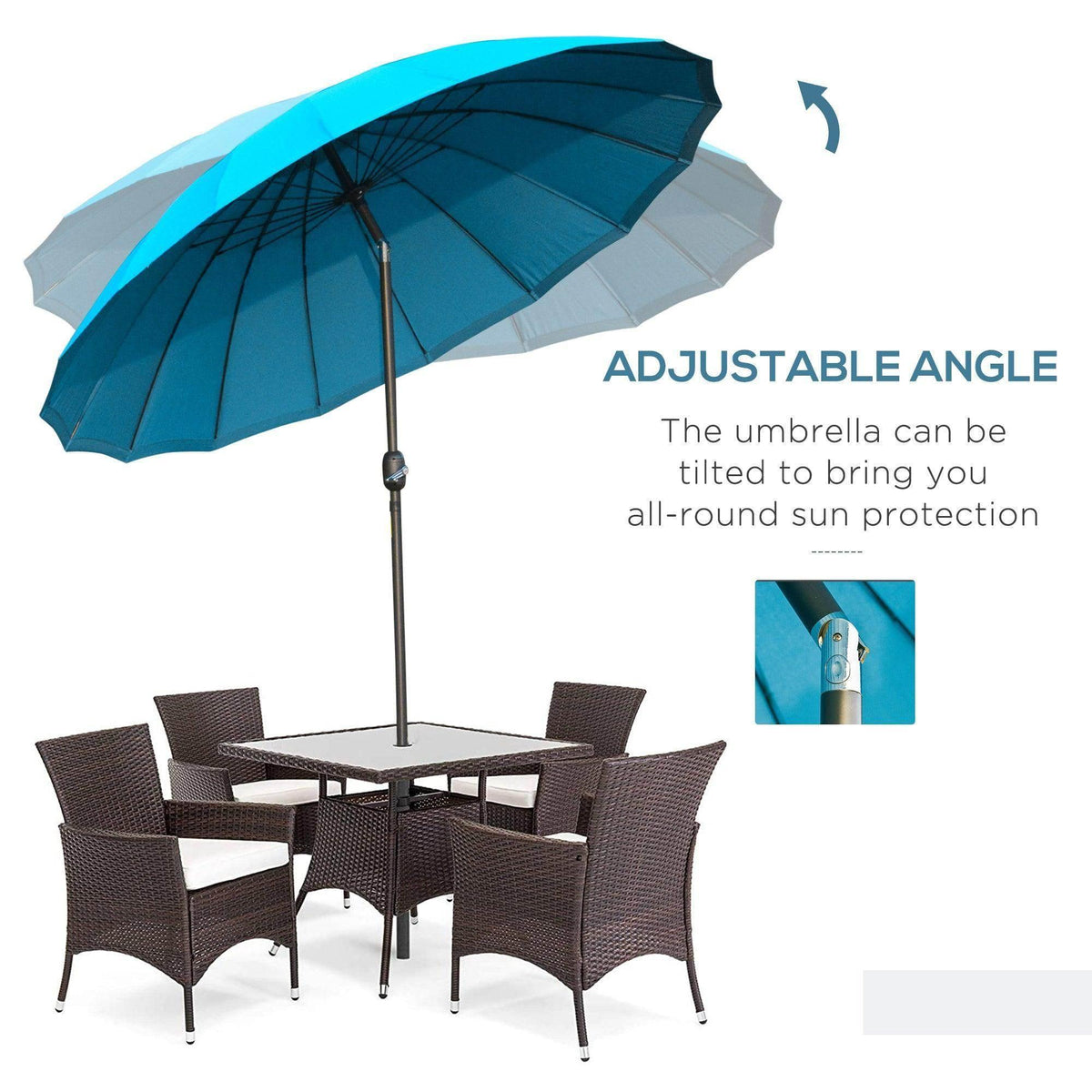 Tilted blue patio umbrella with adjustable angle and vented fabric canopy