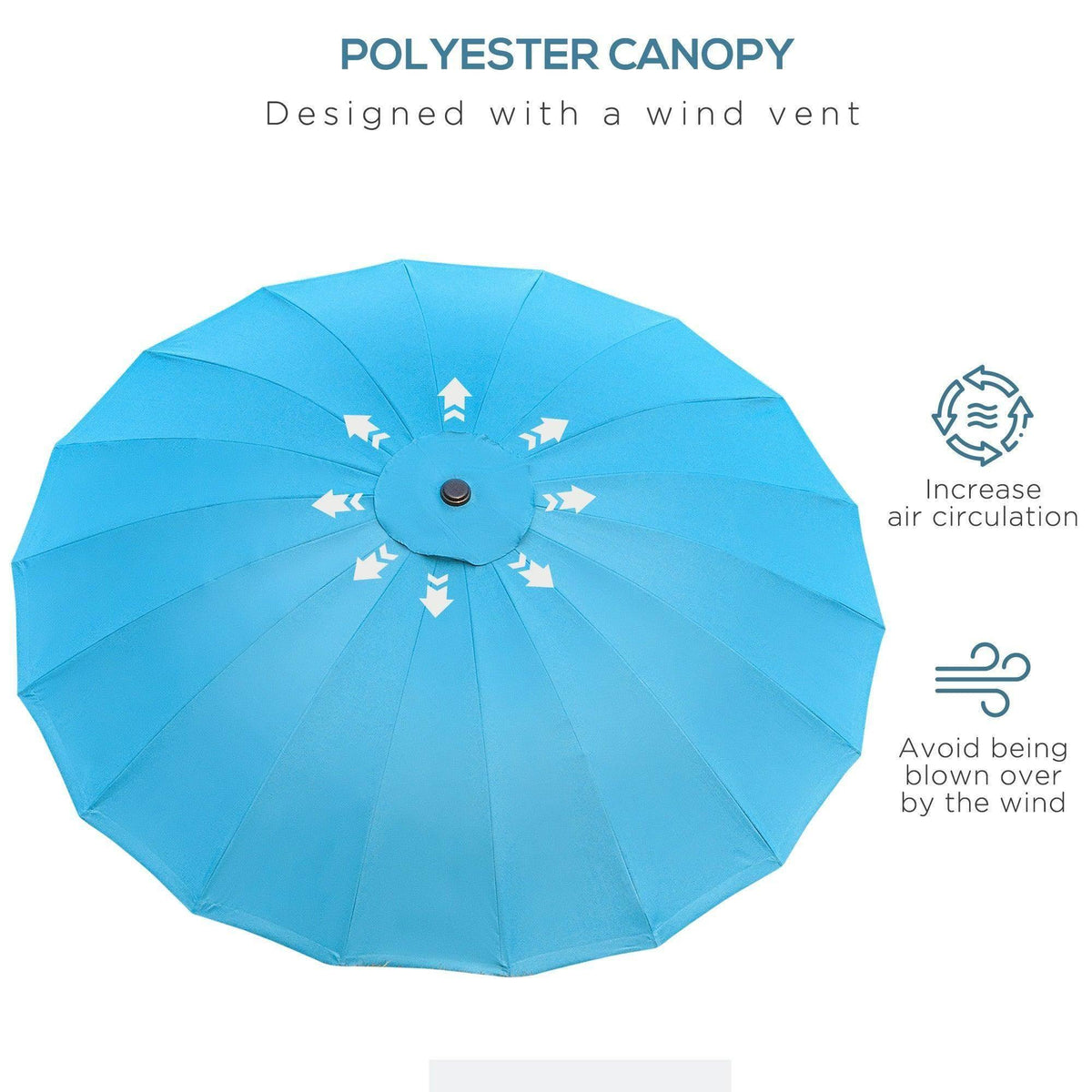 Blue patio umbrella canopy with center vent and polyester fabric design