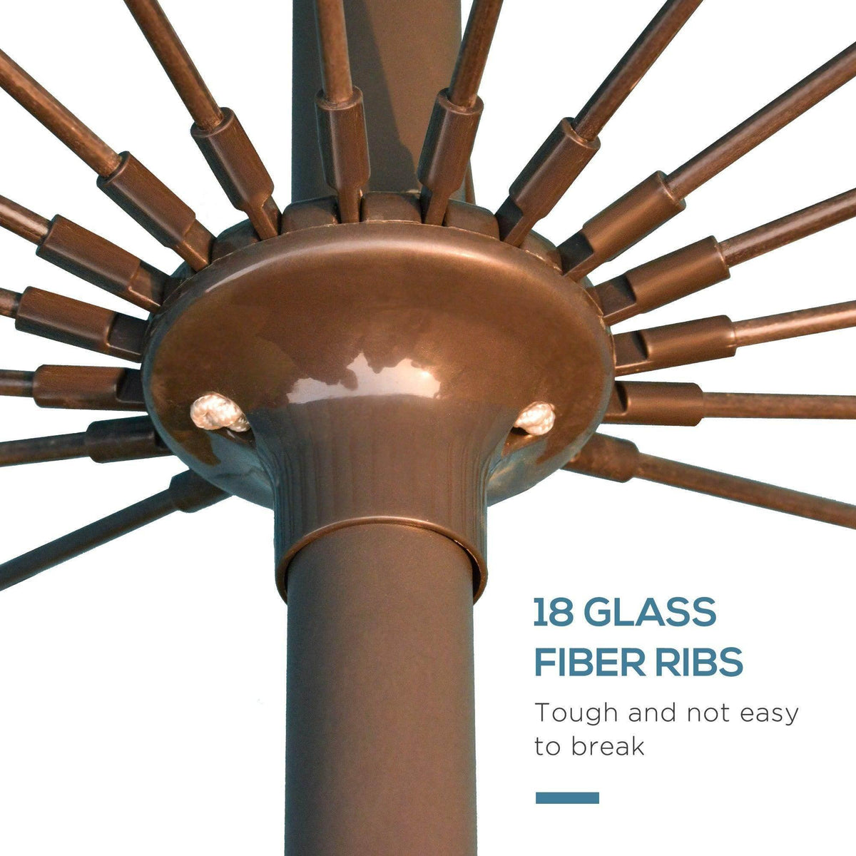 Umbrella pole hub with radial glass-fiber ribs, sturdy metal frame