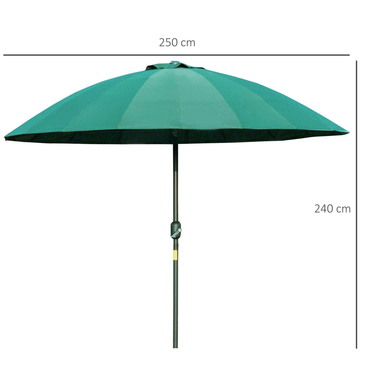 Green outdoor umbrella with open canopy and straight support pole, full view