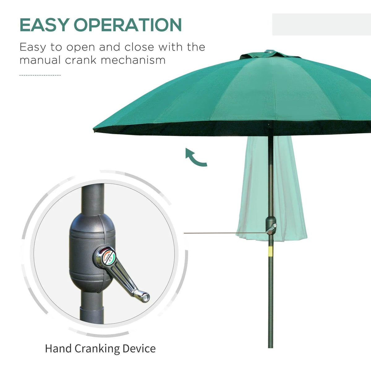 Green patio umbrella canopy with hand-crank mechanism on the support pole