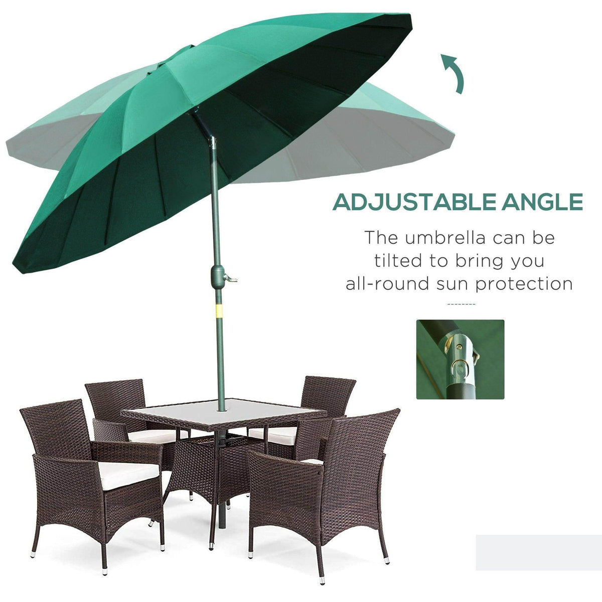 Green adjustable-angle patio umbrella with tilted canopy over outdoor chairs