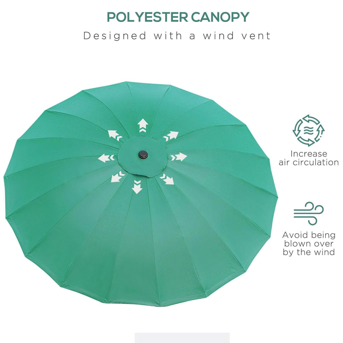 Green polyester umbrella canopy with wind vent at the top, top view