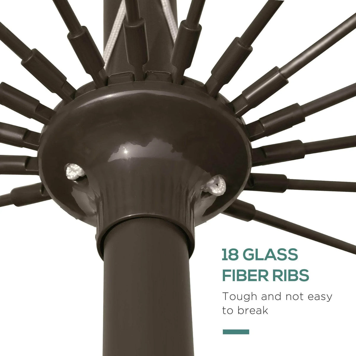 Umbrella pole hub showing 18 glass fiber ribs beneath the canopy