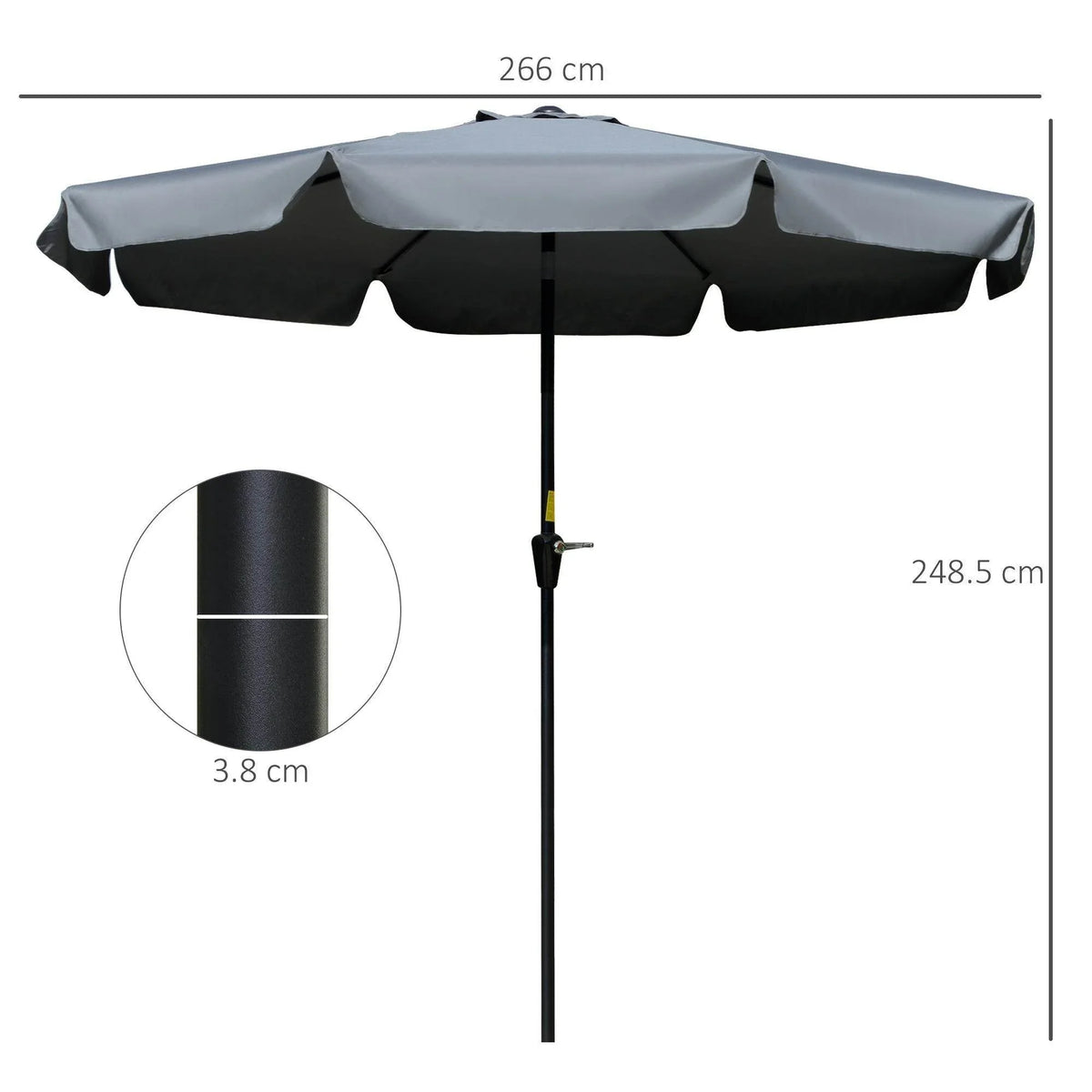 Patio umbrella with dark gray ruffled canopy and black vertical pole