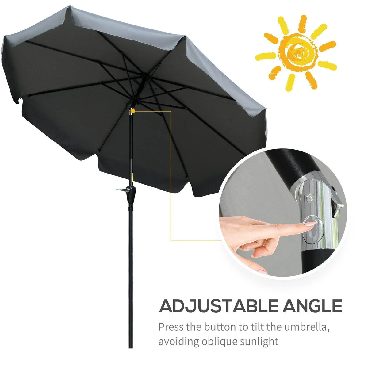 Adjustable patio umbrella with dark gray ruffled canopy and tilt mechanism