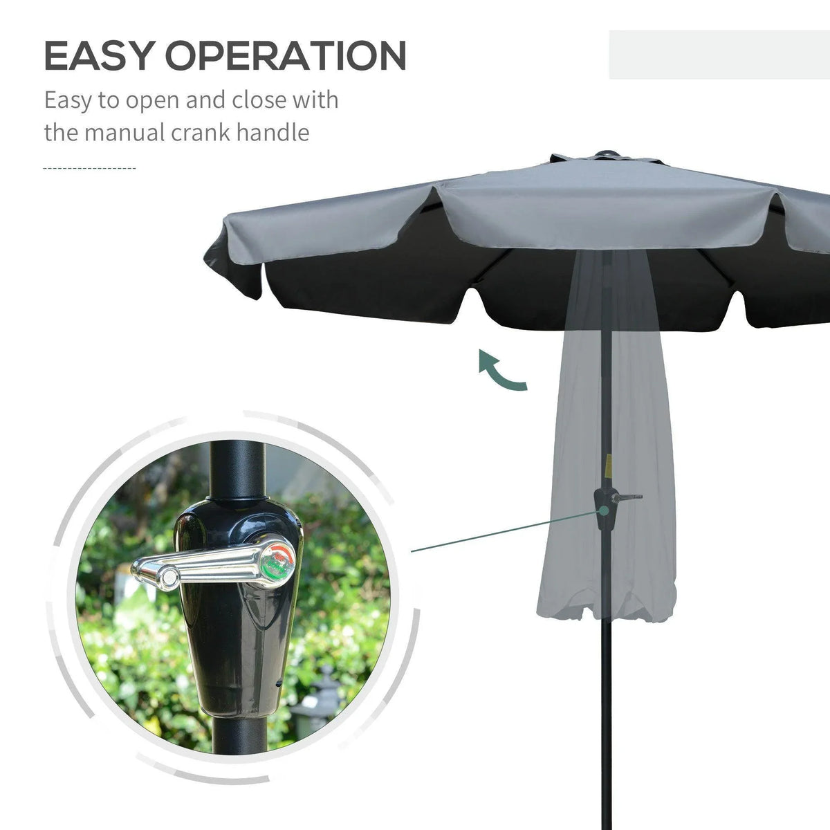 Patio umbrella with dark gray ruffled canopy and crank-style open-close handle