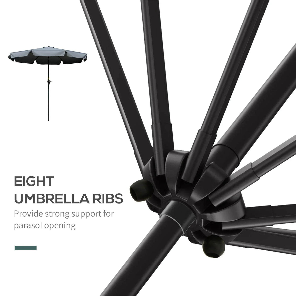 Black umbrella ribs close-up for strong support, with compact canopy