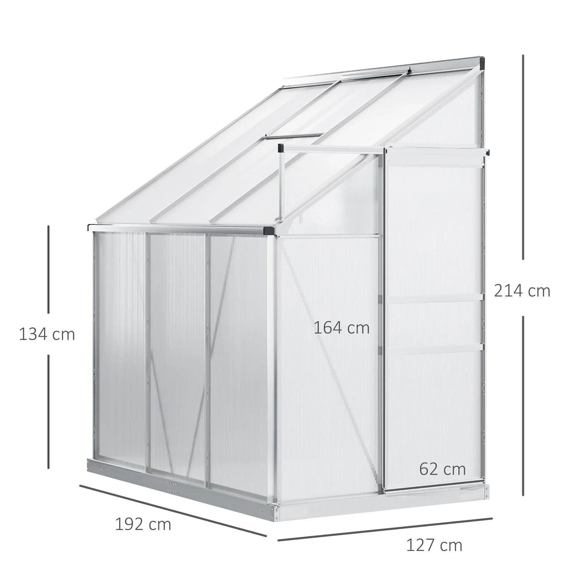 Lean-to greenhouse size diagram with clear walls, slanted roof, and aluminum supports