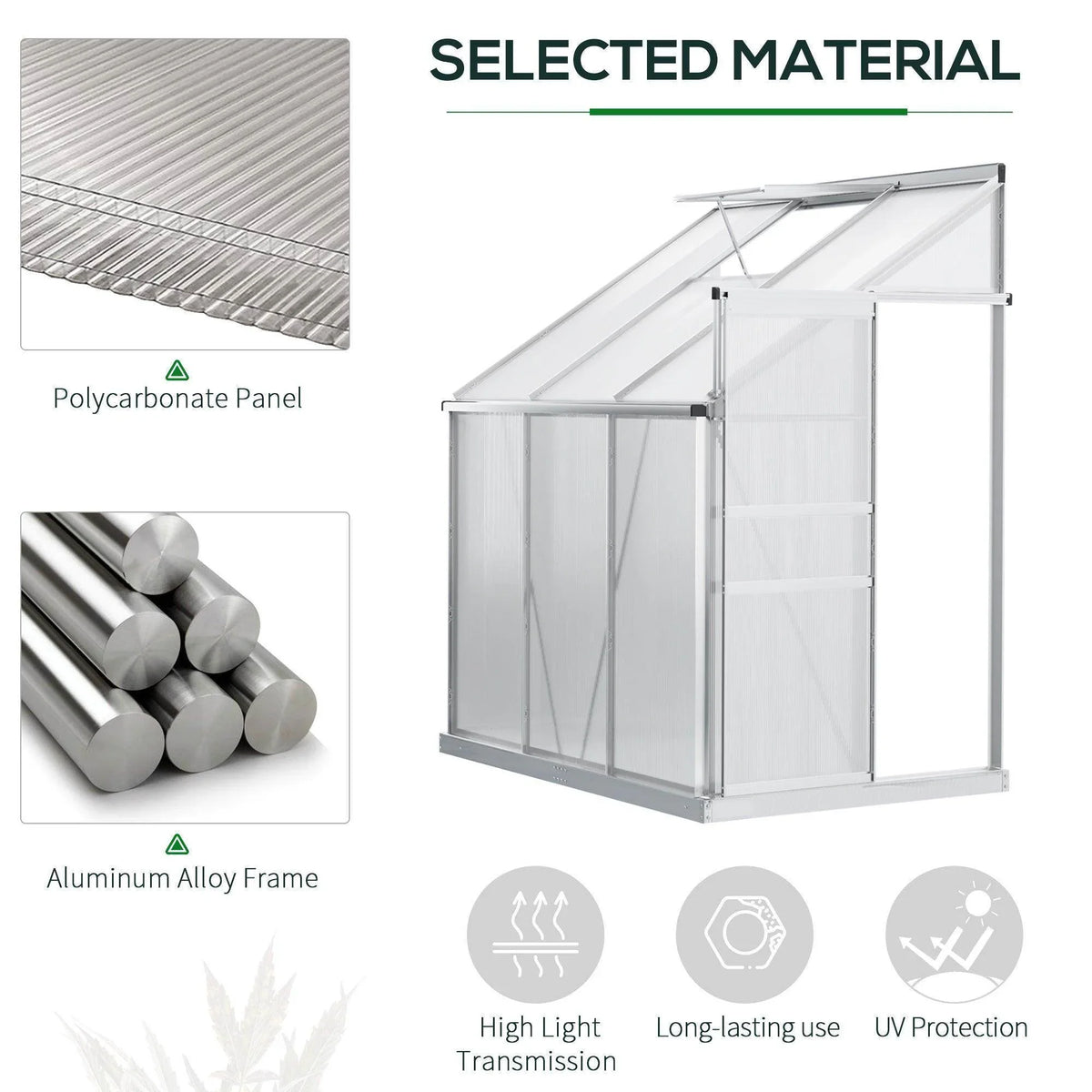 Lean-to greenhouse with clear polycarbonate panels and sturdy aluminum alloy frame