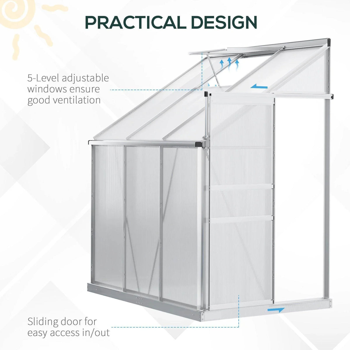 Lean-to greenhouse with 5-level adjustable windows and sliding door for access