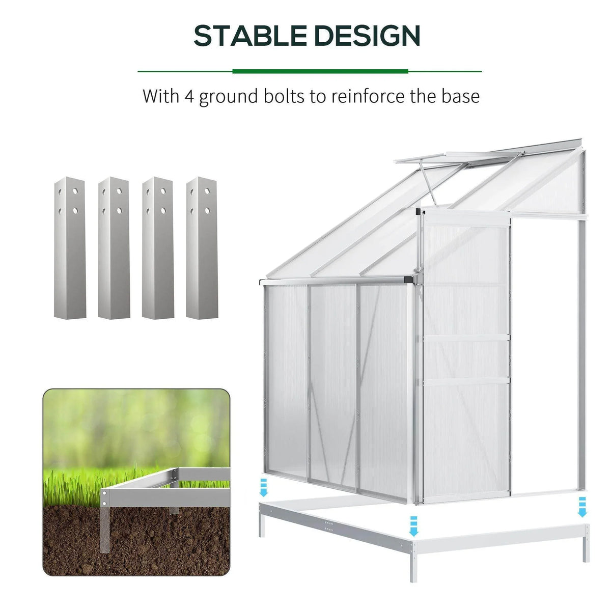 Lean-to greenhouse with aluminum base and ground-bolt reinforcement for stability