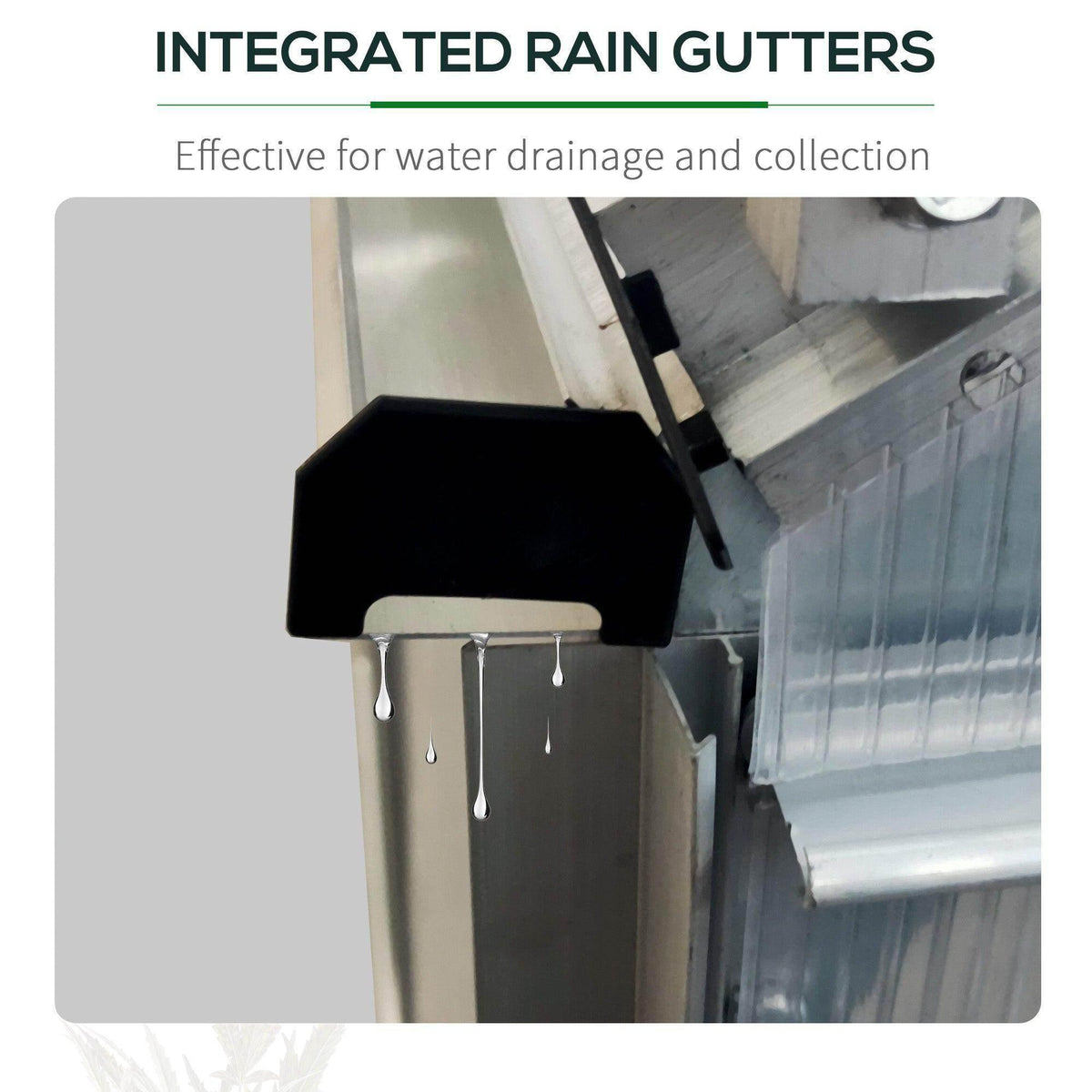 Lean-to greenhouse corner with integrated gutter and downspout for water drainage
