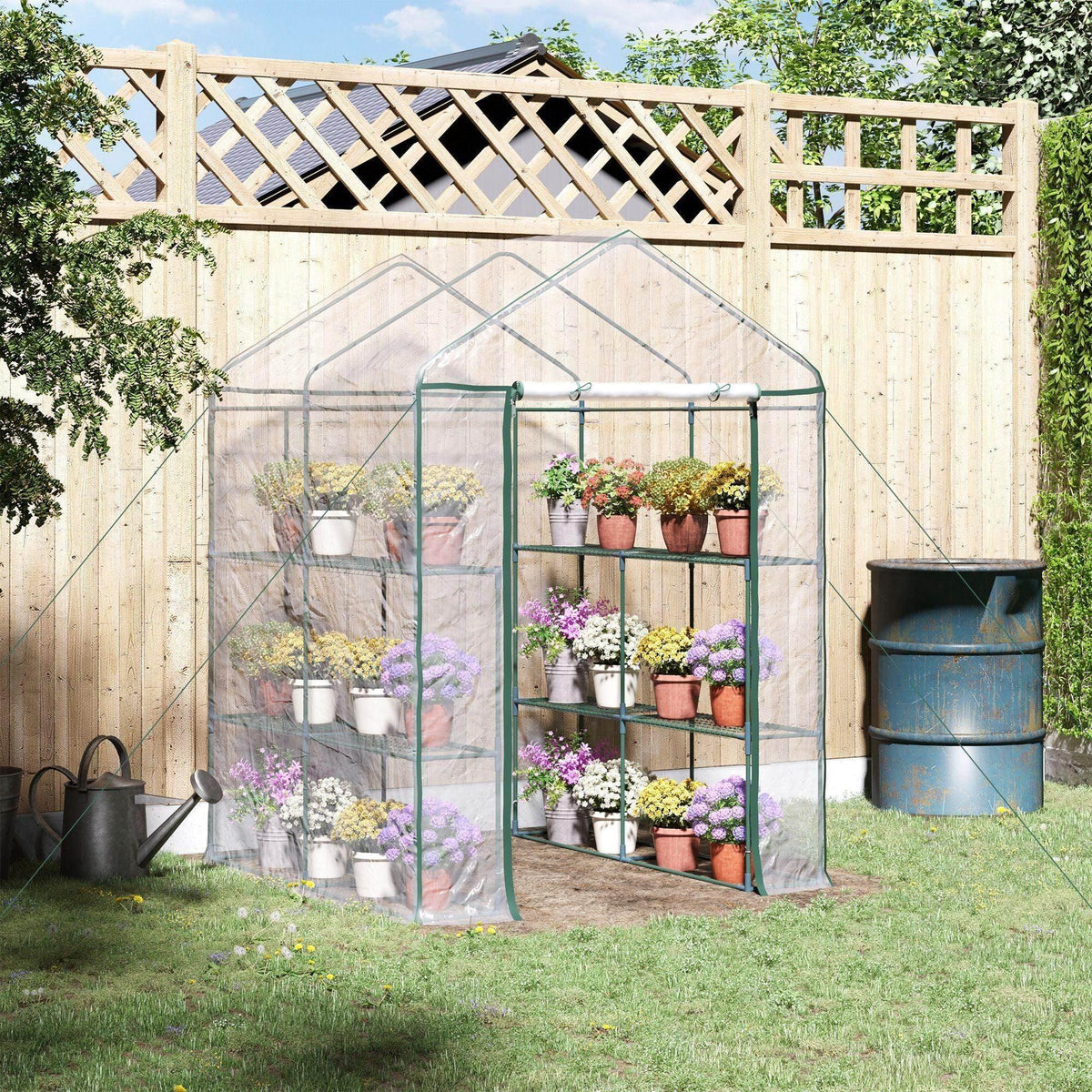 Portable greenhouse with clear PE cover and green metal frame, multi-tier plant shelves