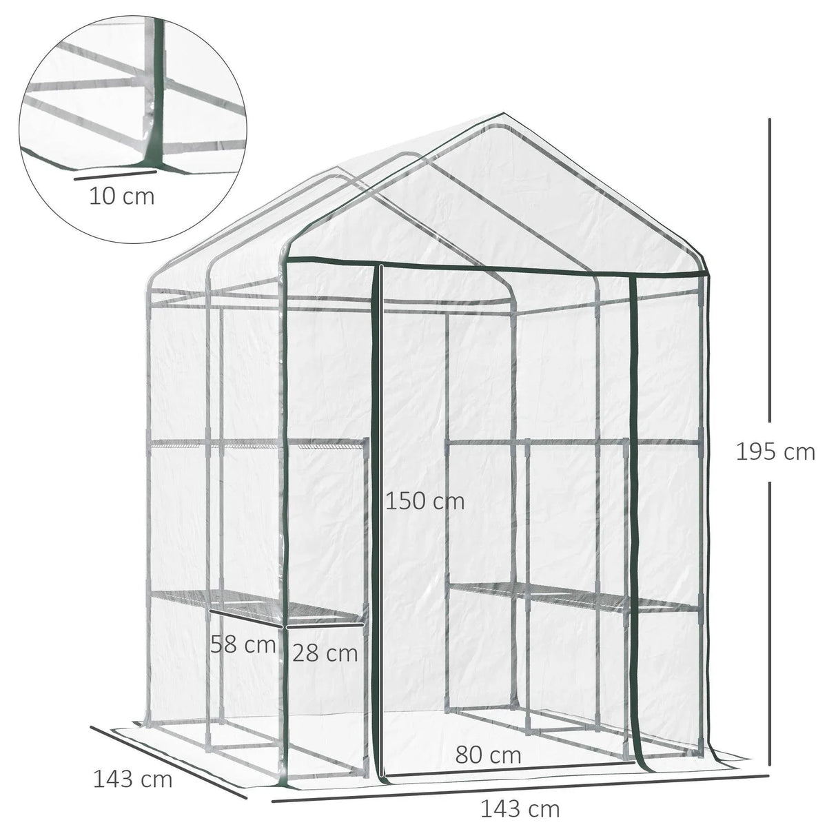 Greenhouse kit with clear sides and green frame, front door and 143x143 base