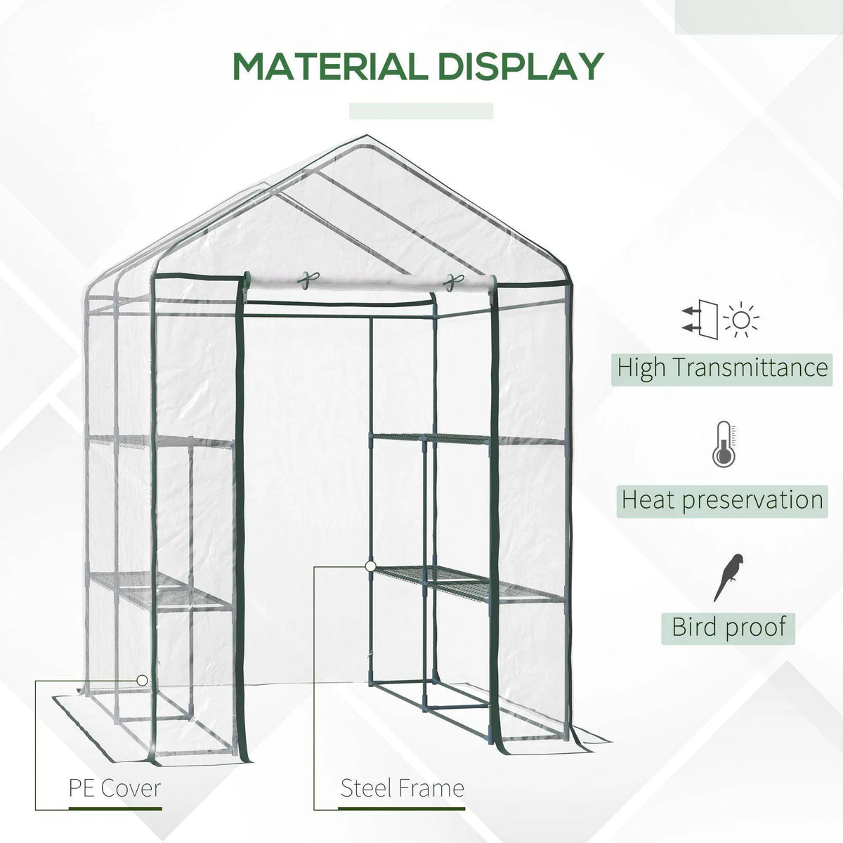 Green-framed greenhouse with clear PE cover, removable shelves and steel frame