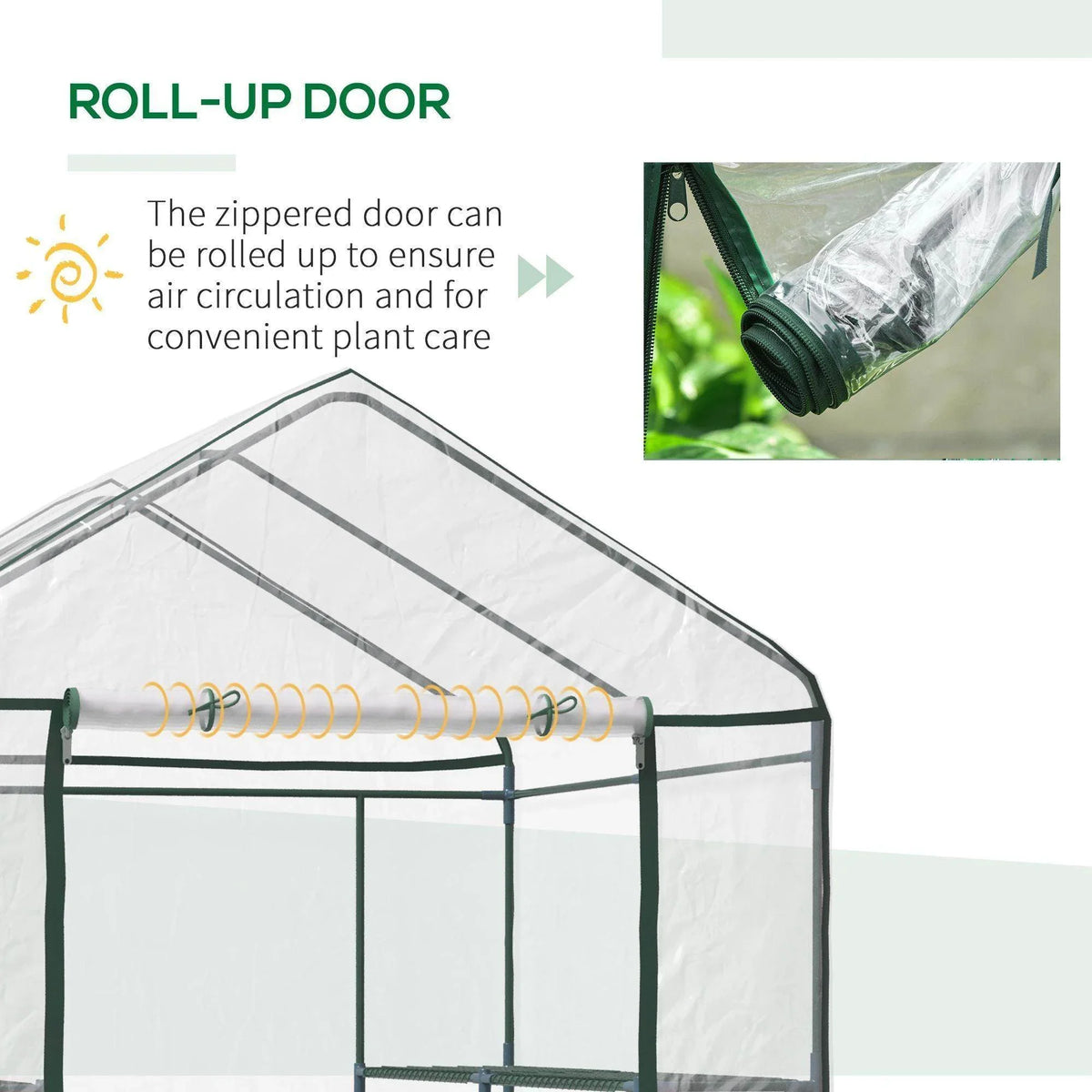 Green-framed greenhouse with roll-up zip door on clear PE cover for ventilation