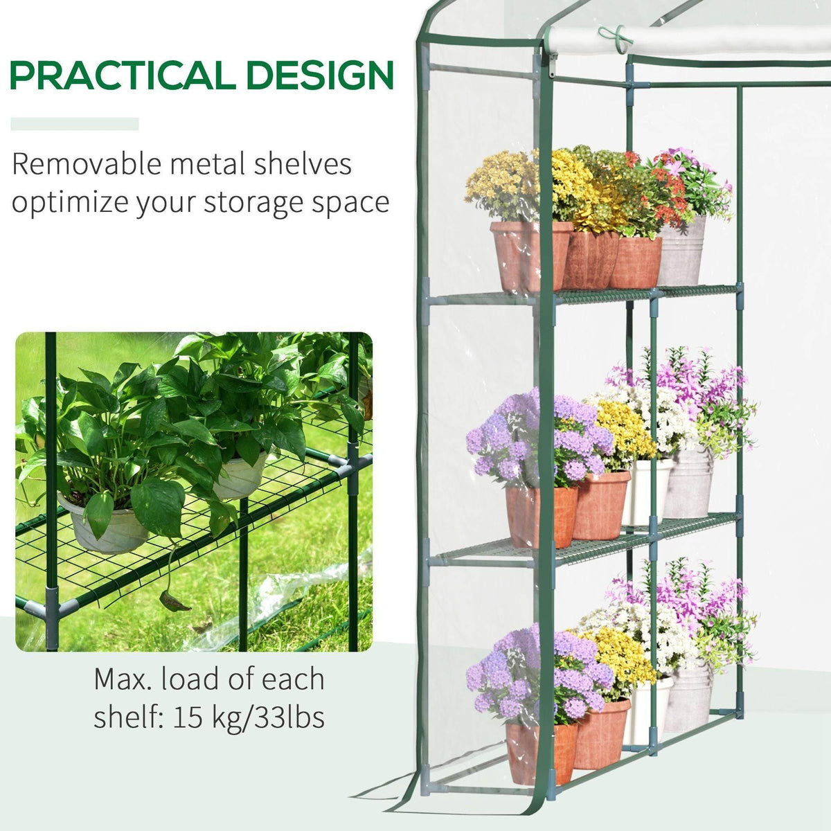 Green portable greenhouse with clear panels and removable metal shelves for potted plants