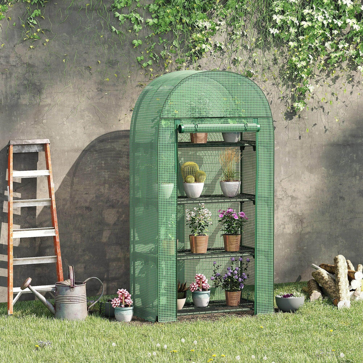 Green portable mini greenhouse with arched mesh cover and open metal shelving