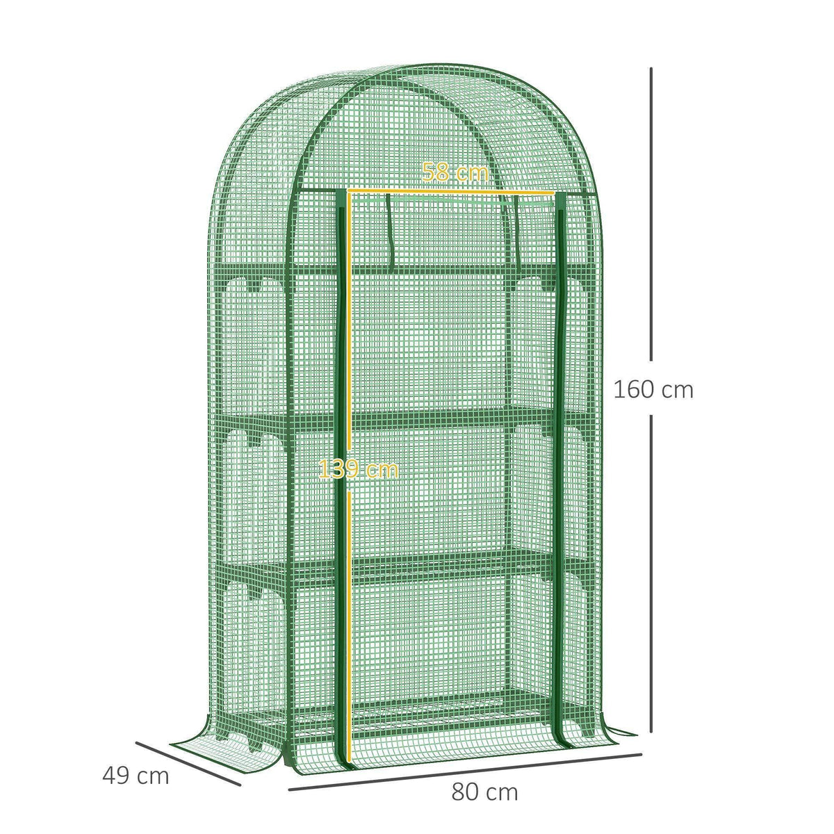 Green mini greenhouse frame with arched mesh cover and built-in metal shelves