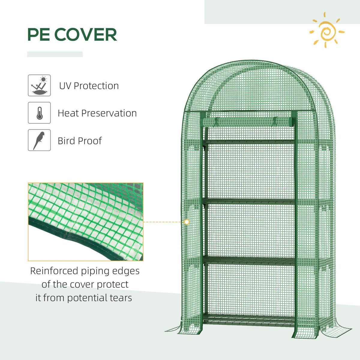 Green PE mesh greenhouse cover with reinforcements and reinforced piping edges