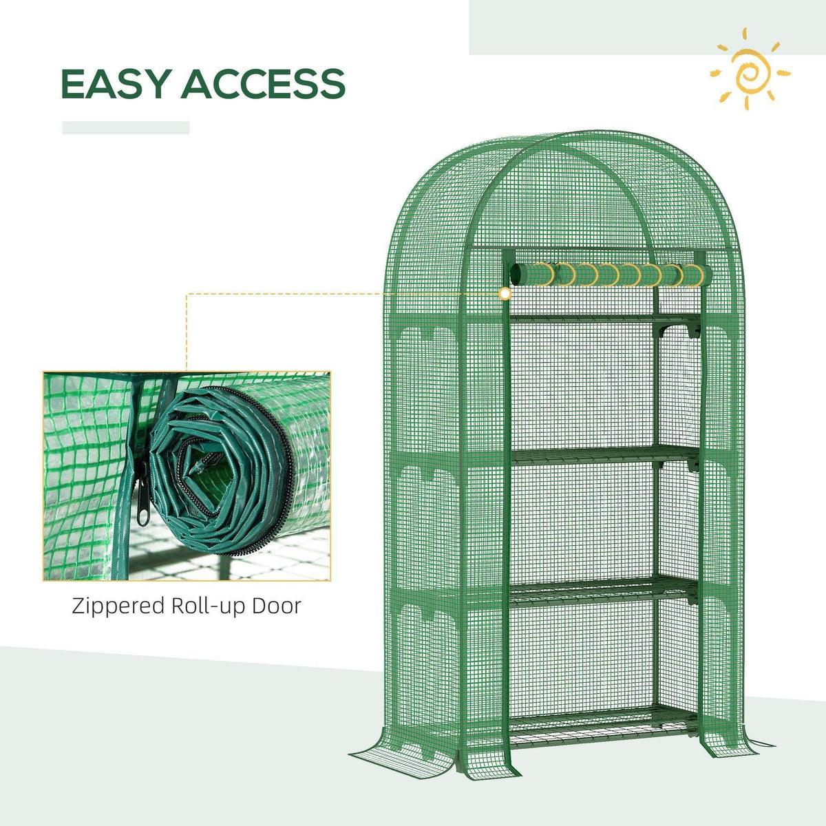 Green mini greenhouse with zippered roll-up door and metal frame shelves