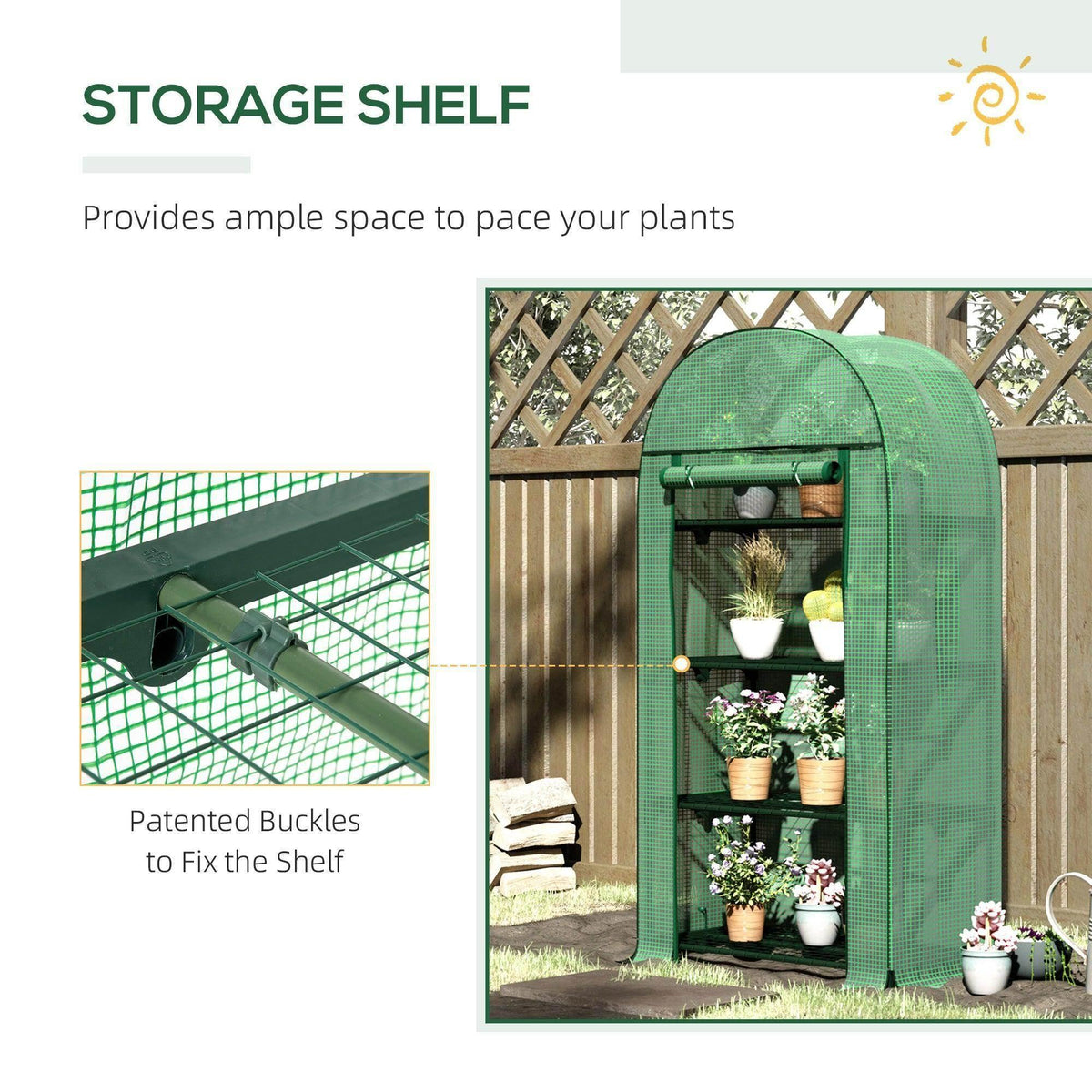 Green mini greenhouse with storage shelf for potted plants and small gardening tools