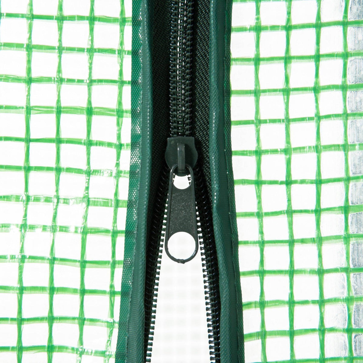 Green mesh greenhouse door zipper with hanging pull tab