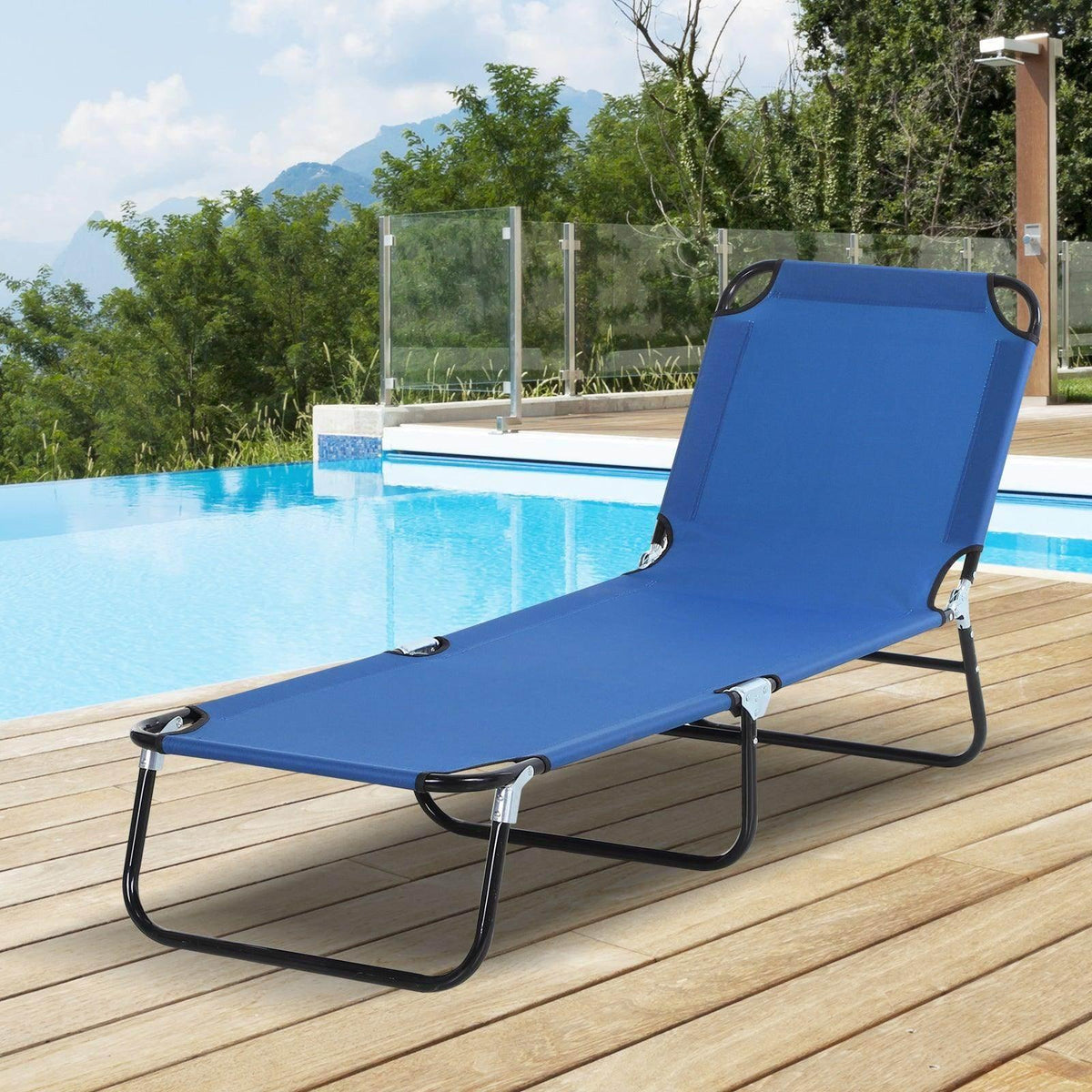 Blue folding portable recliner chair with adjustable backrest and black metal frame