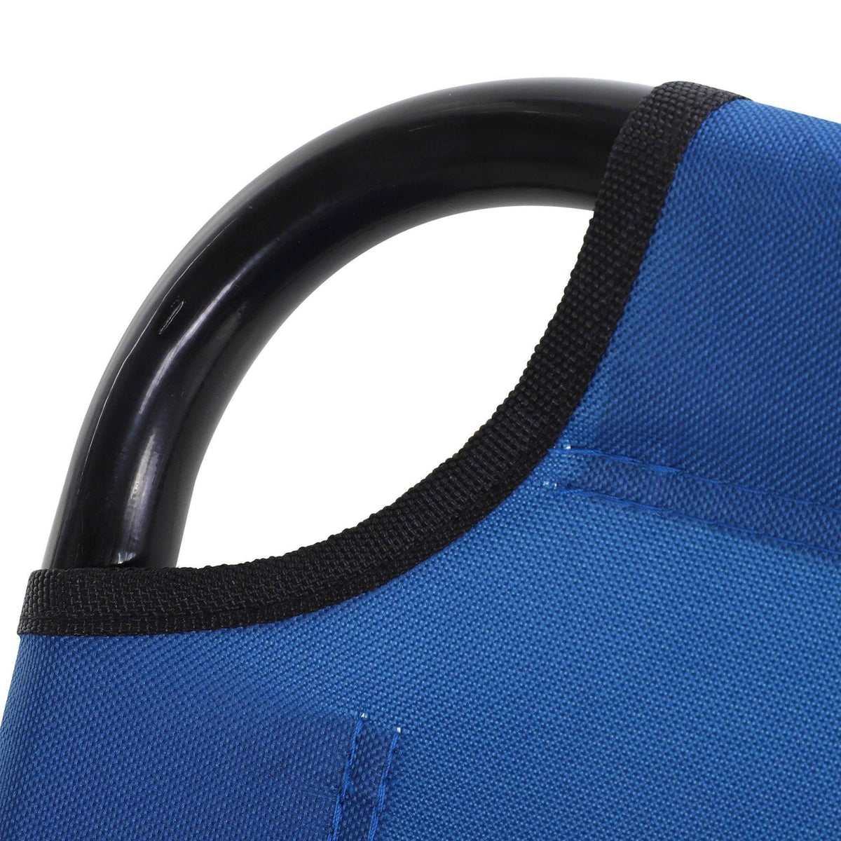 Blue recliner seat with black curved carry handle and textured fabric surface