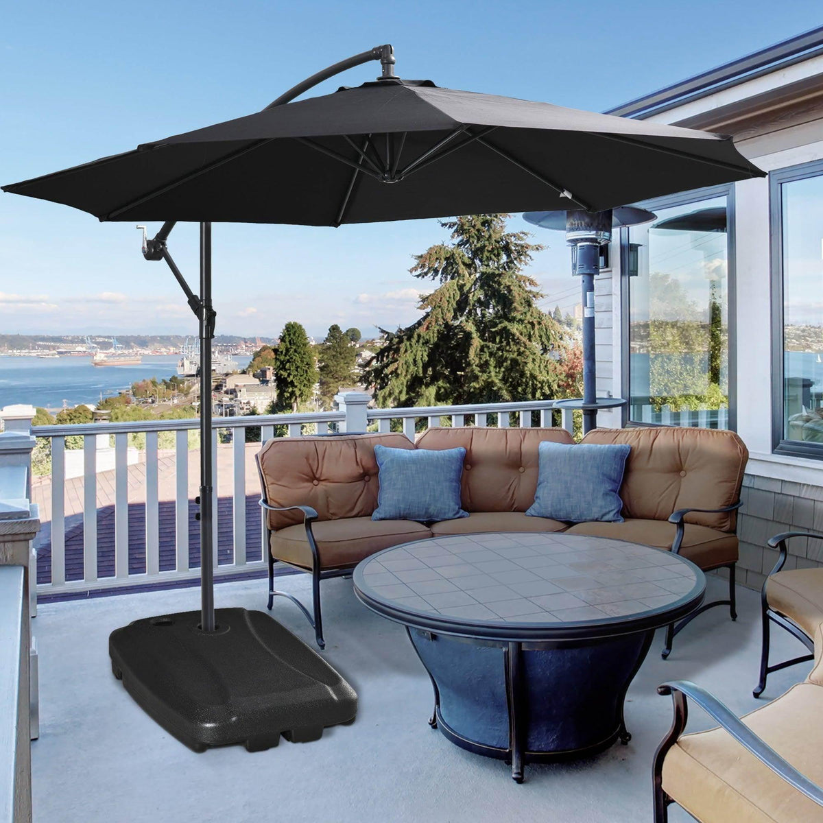Black portable umbrella stand weight block with umbrella pole top mount