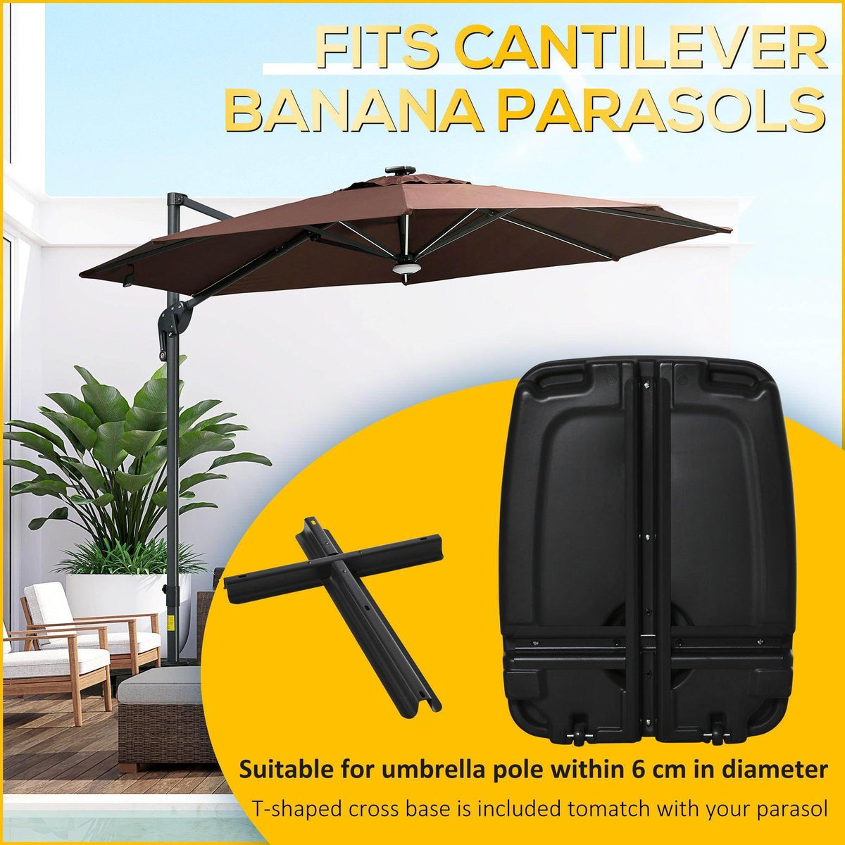 Black umbrella stand weight for cantilever umbrella poles with top slot