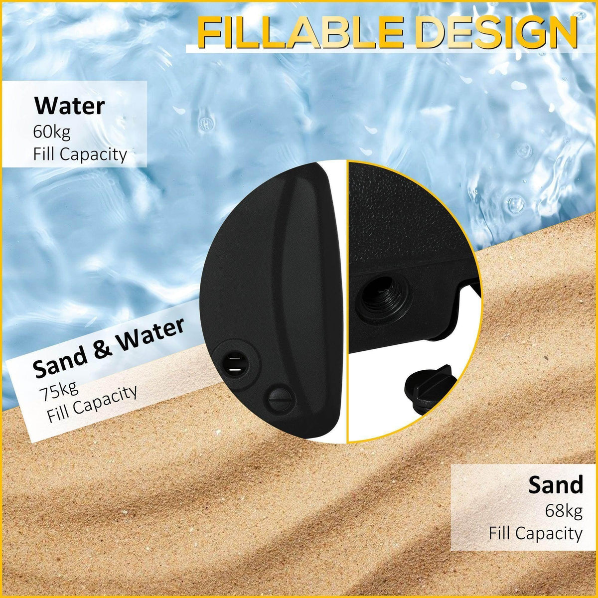 Black fillable umbrella stand weight with threaded opening for sand or water