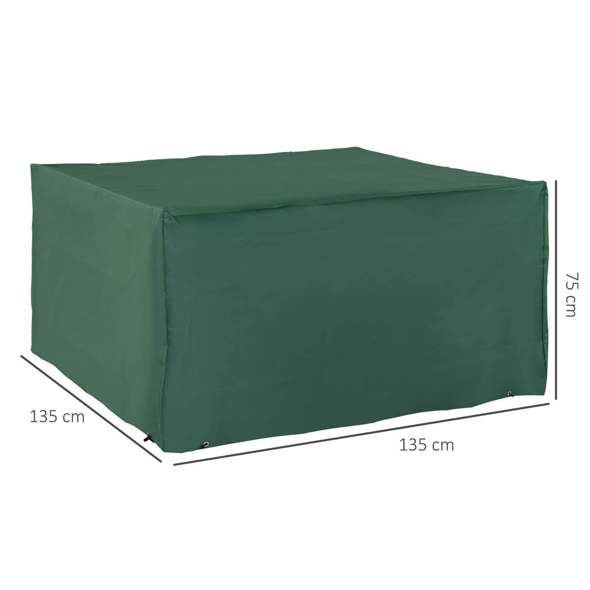 Green outdoor furniture cover, 135x135x75 cm, protects garden tables & chairs from weather damage.