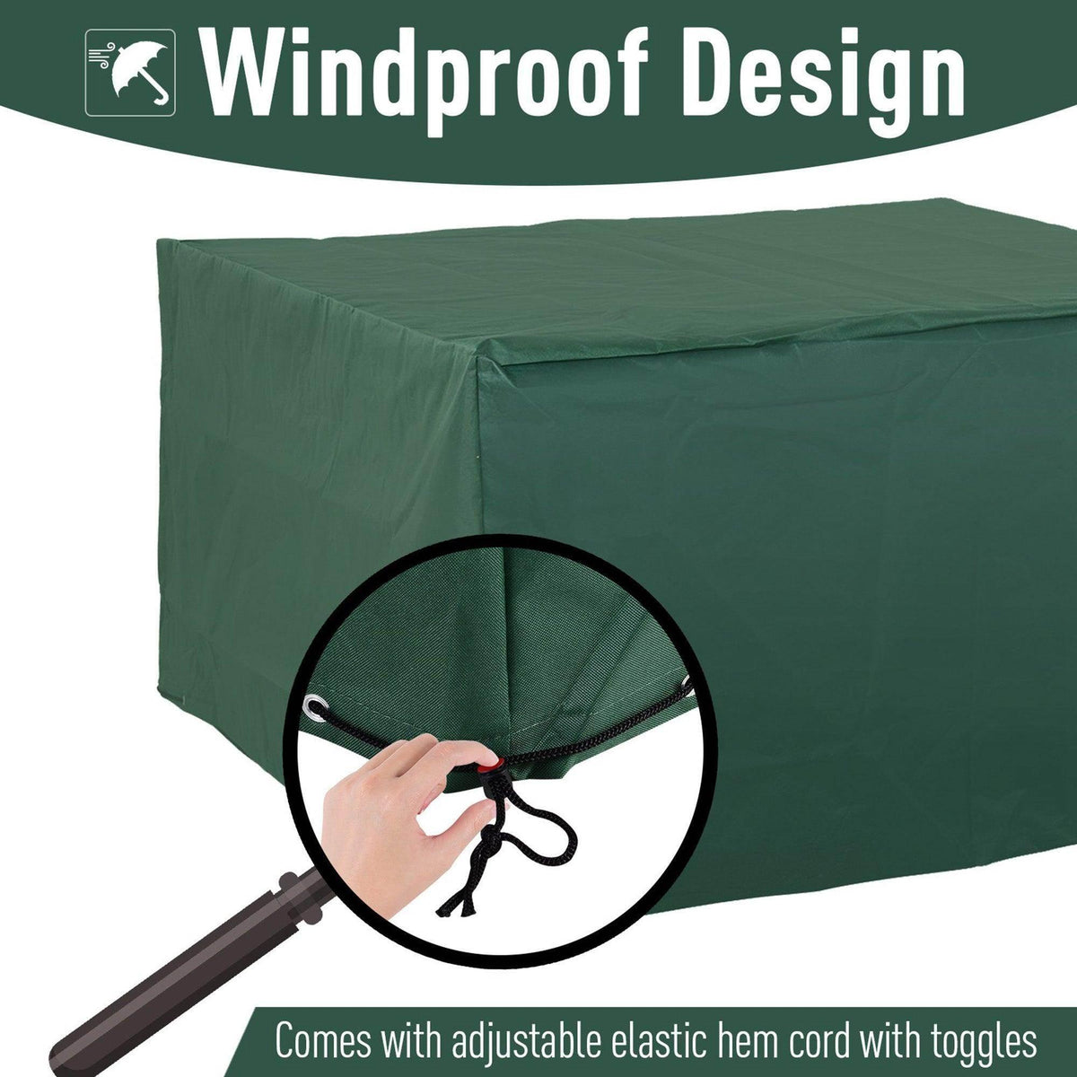 Windproof outdoor furniture cover with adjustable elastic hem cord and toggles for secure fit