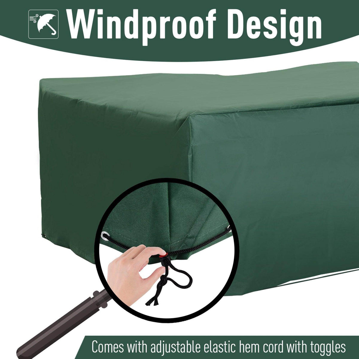 Green outdoor furniture cover with windproof design and adjustable elastic hem cord for secure fit