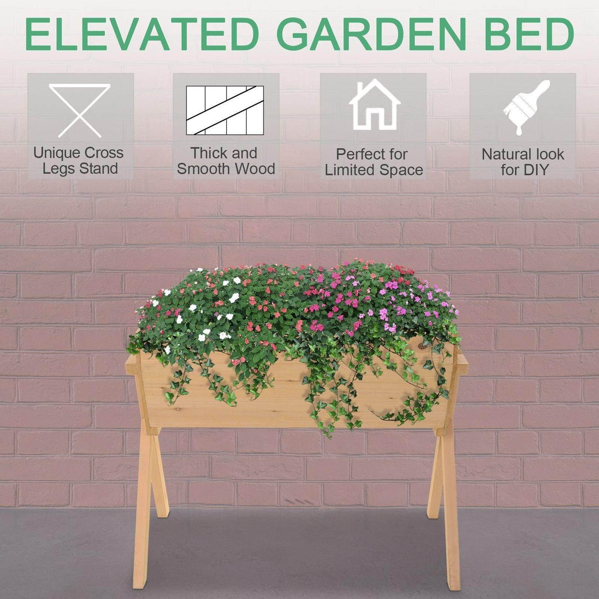 Outsunny raised garden bed box with black liner, filled with flowering plants and wood frame