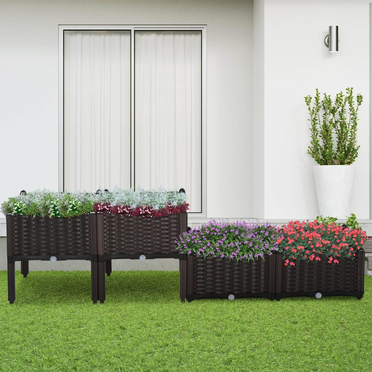 Brown raised garden bed set with woven rattan pattern, raised legs and planting boxes