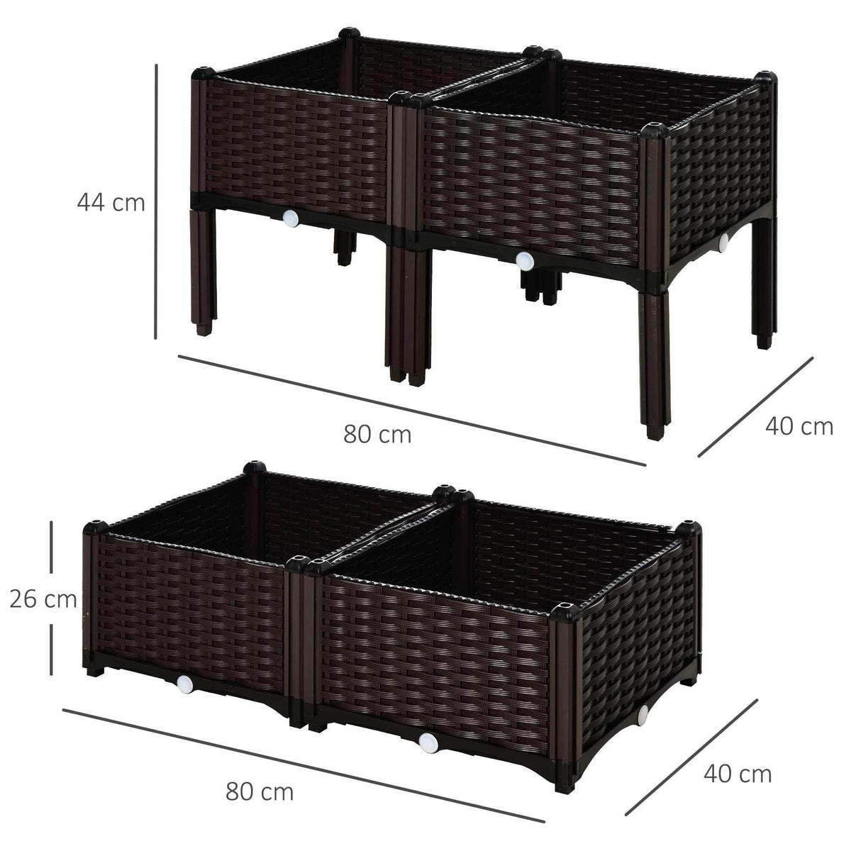 Brown raised garden bed set shown with dimensions, two wicker-style planters on legs