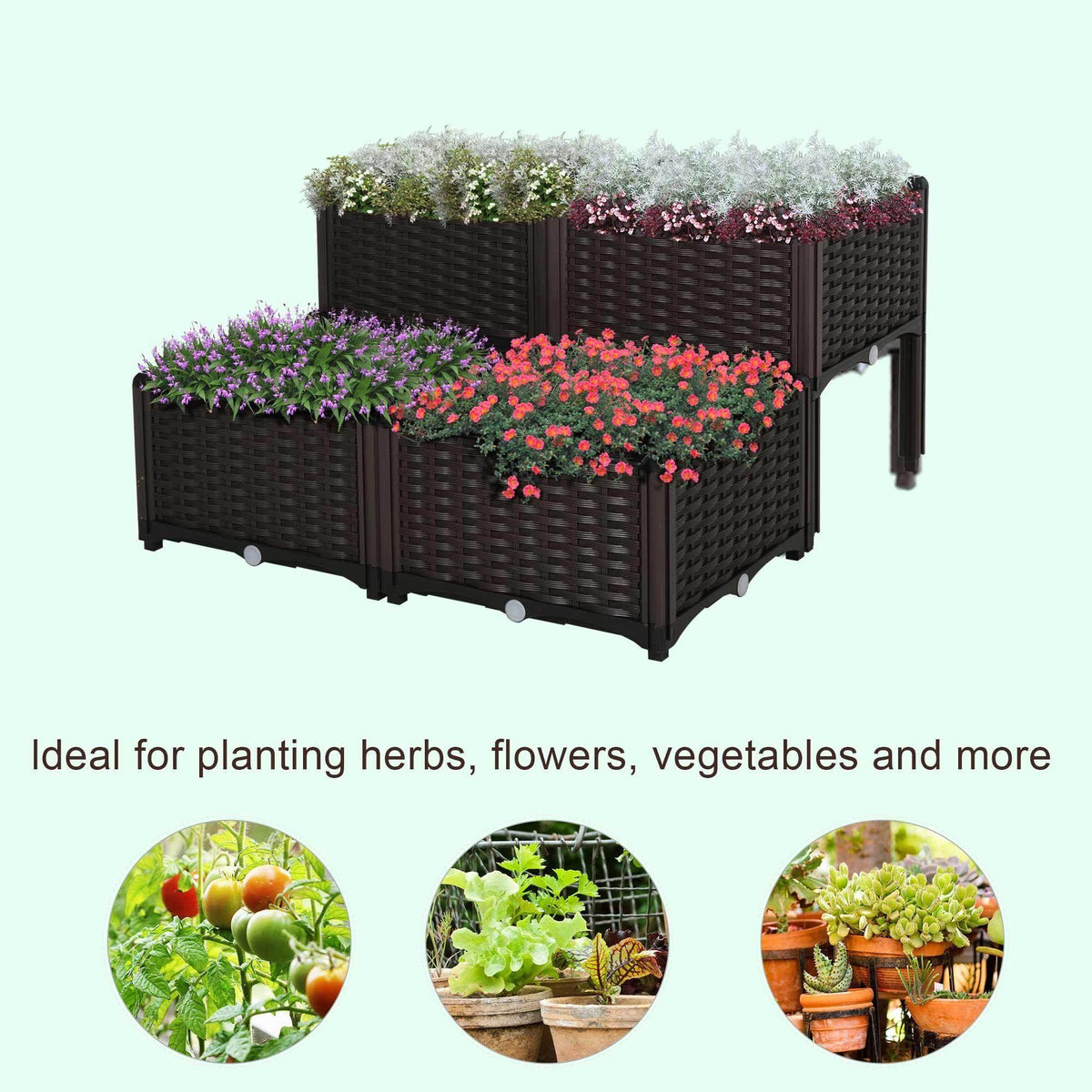 Brown raised garden bed set with three planters filled with flowers on raised legs
