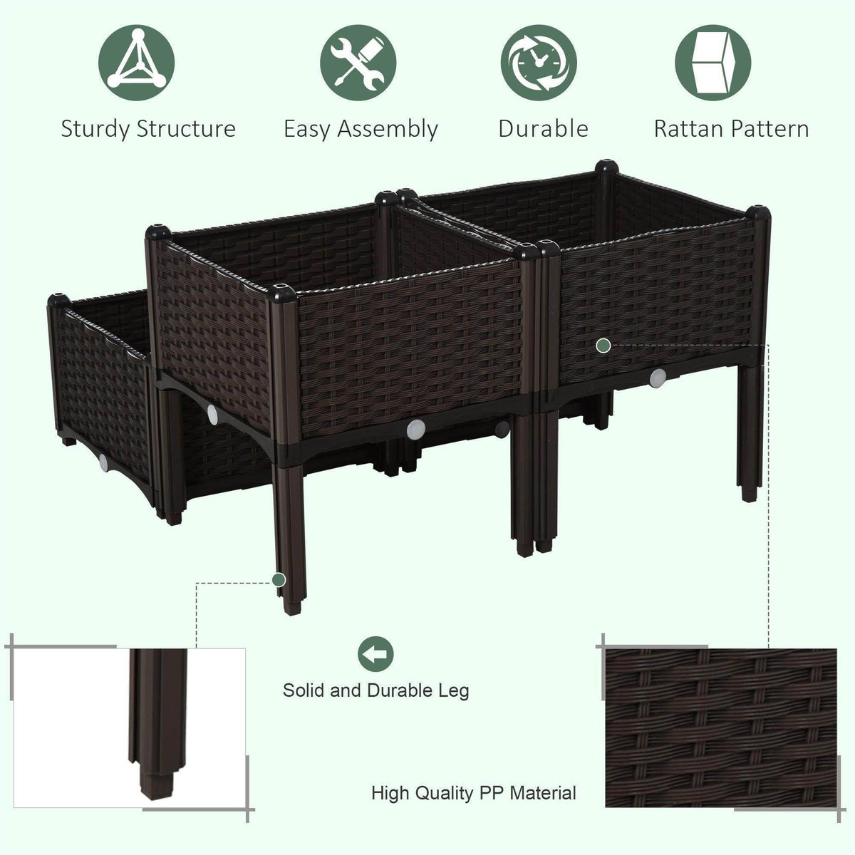 Brown raised garden bed set with double planters and sturdy legs, woven rattan look