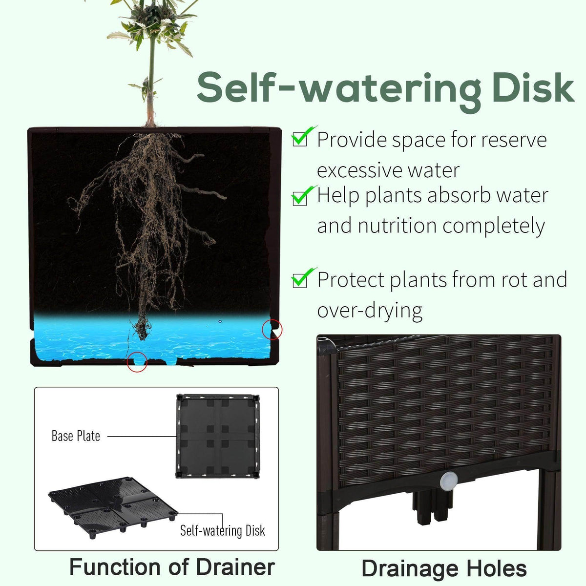 Brown self-watering raised garden bed set with drainage holes and reservoir disk
