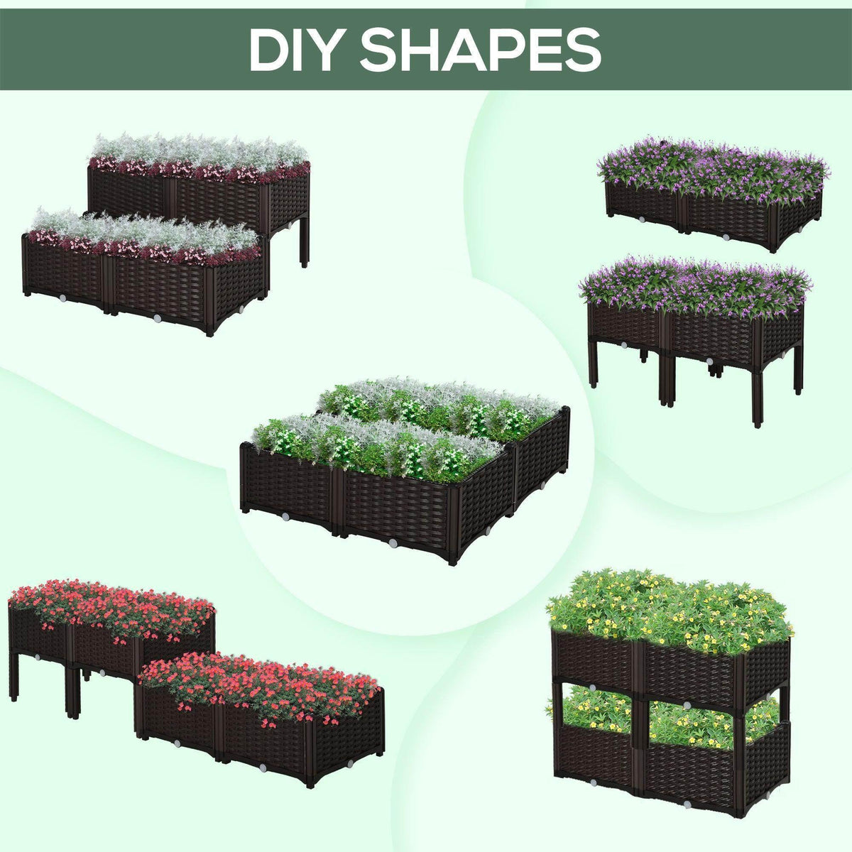 Brown raised garden bed set in multiple lengths and widths, shown from side angles