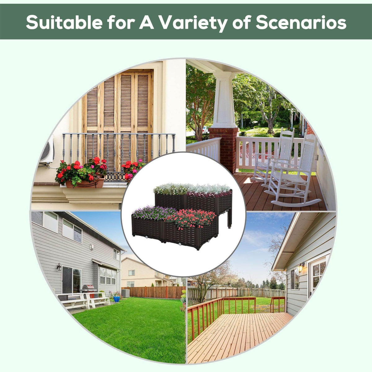 Brown raised garden bed set with flowering plants on raised legs