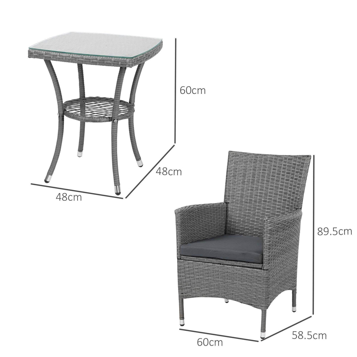 Gray rattan bistro table and armchair with measurements: 48cm and 60cm height