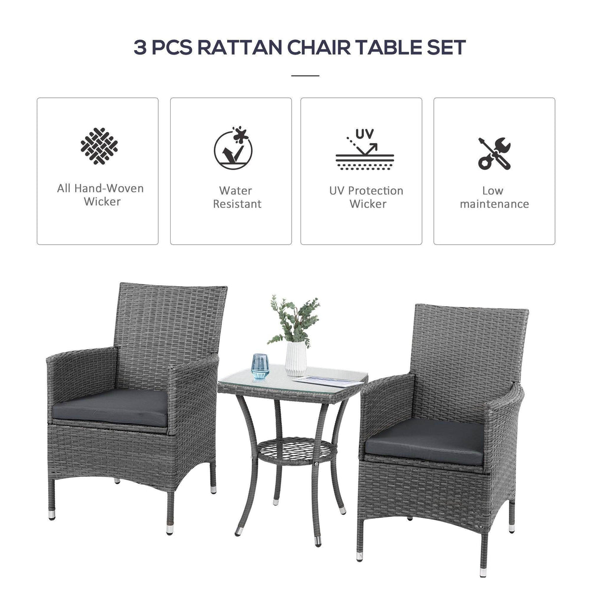 Gray rattan 3-piece patio bistro set: two armchairs with cushions and a square table