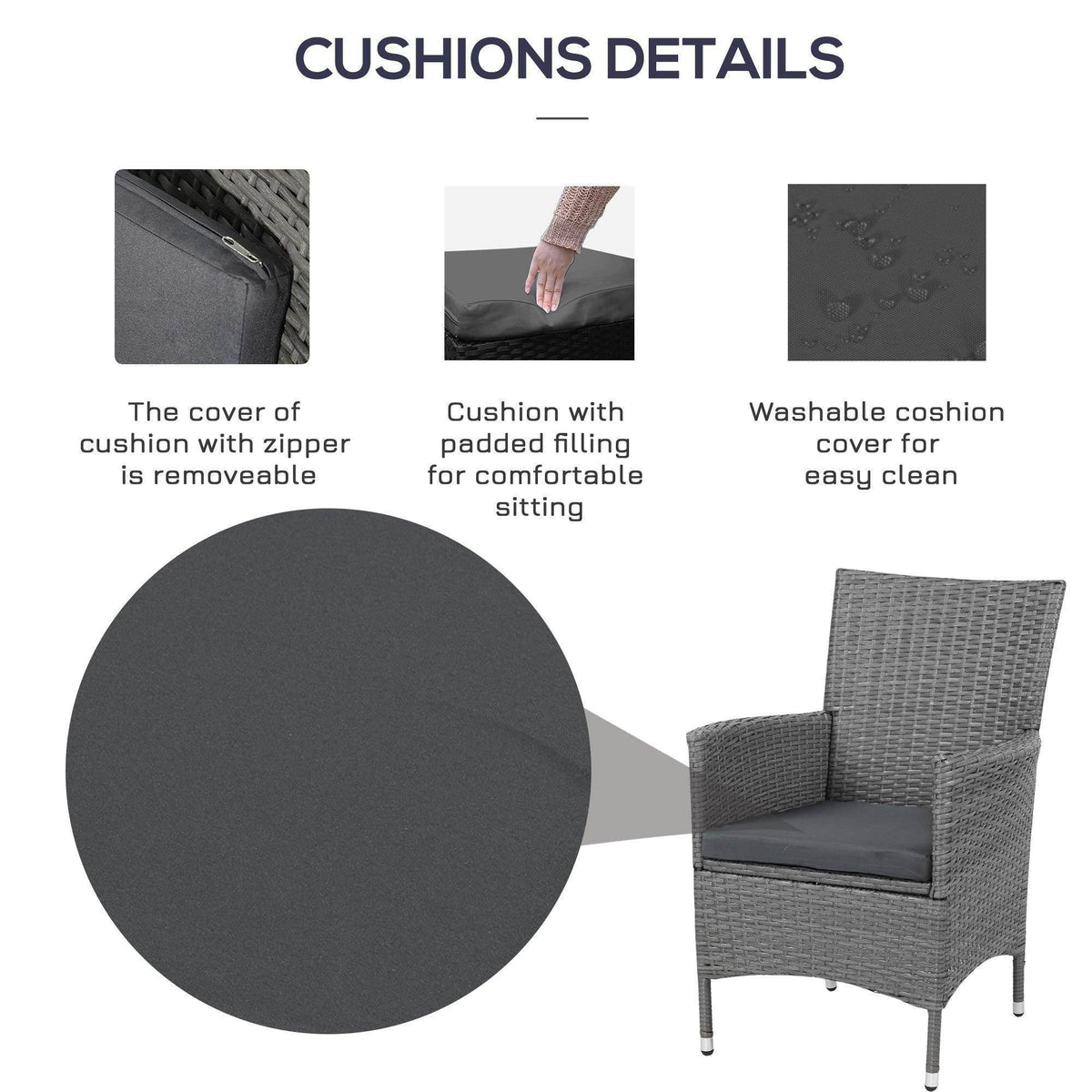 Gray rattan armchair with a removable, washable cushion cover and stitched seat